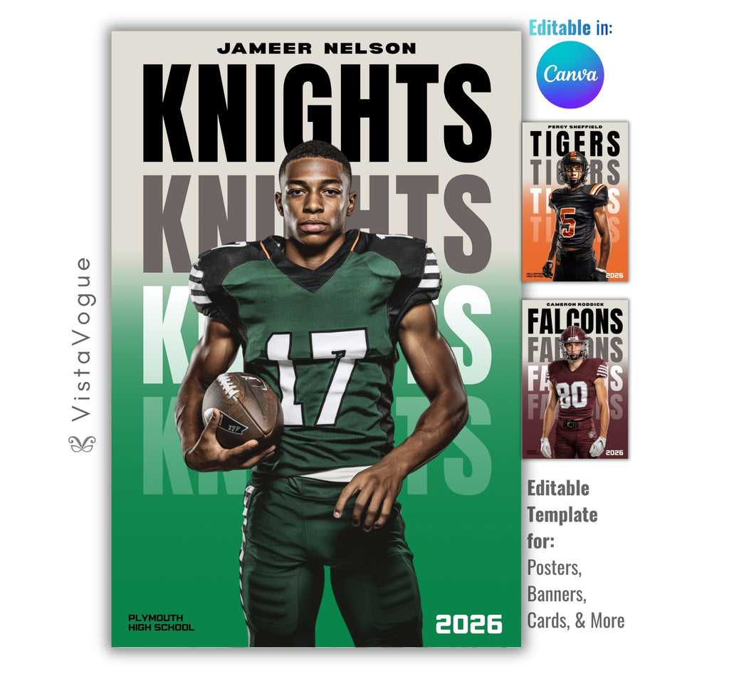 Football poster template editable in Canva with repeating fading team name typography and clean gradient backdrop behind the athlete