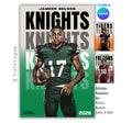 Football poster template editable in Canva with repeating fading team name typography and clean gradient backdrop behind the athlete