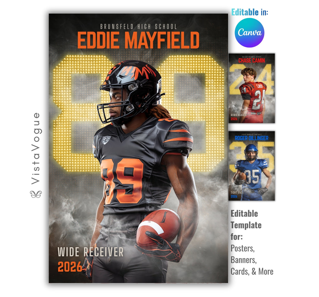 Football trading card and poster template editable in Canva with glowing scoreboard-style number and smoky dark backdrop behind the athlete carrying a football