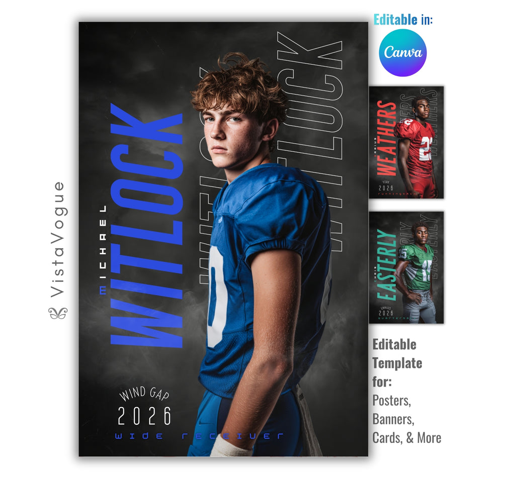 Football senior banner template editable in Canva with smoky dark background, oversized typography, and customizable player poster layout for senior night graphics