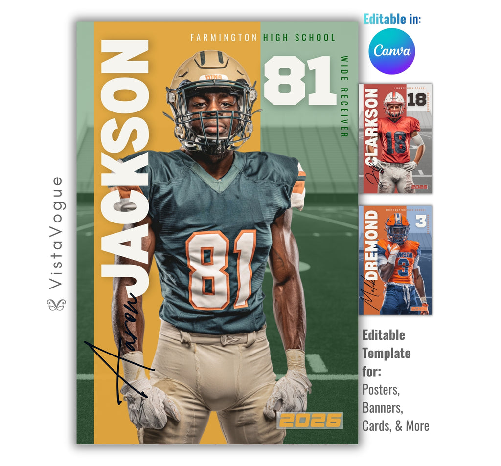 Football poster template editable in Canva with faded stadium background and bold vertical text design