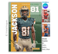 Football poster template editable in Canva with faded stadium background and bold vertical text design