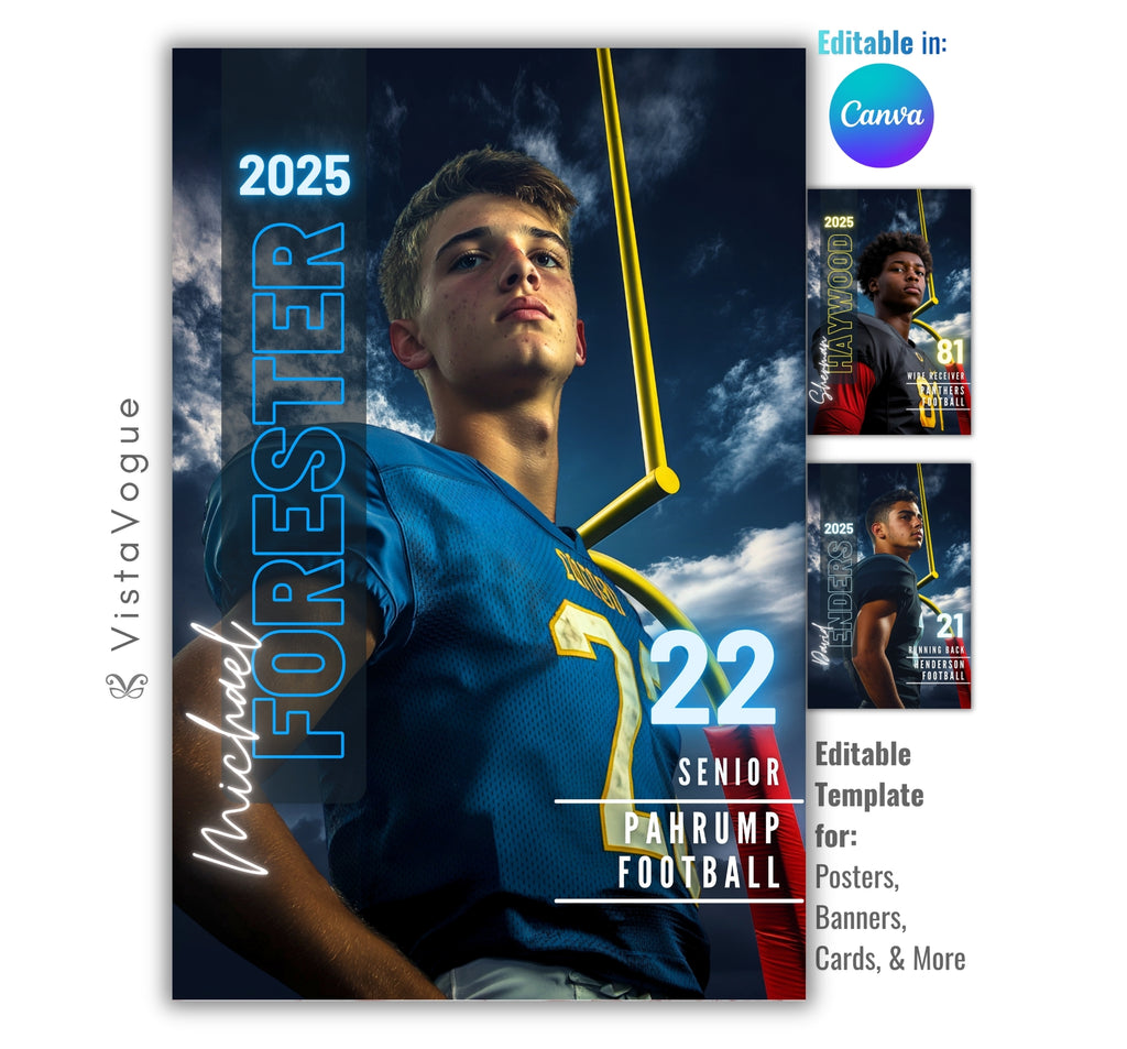 Football senior banner template editable in Canva with dramatic stadium goalpost background, cinematic lighting, and customizable sports poster design for senior night graphics