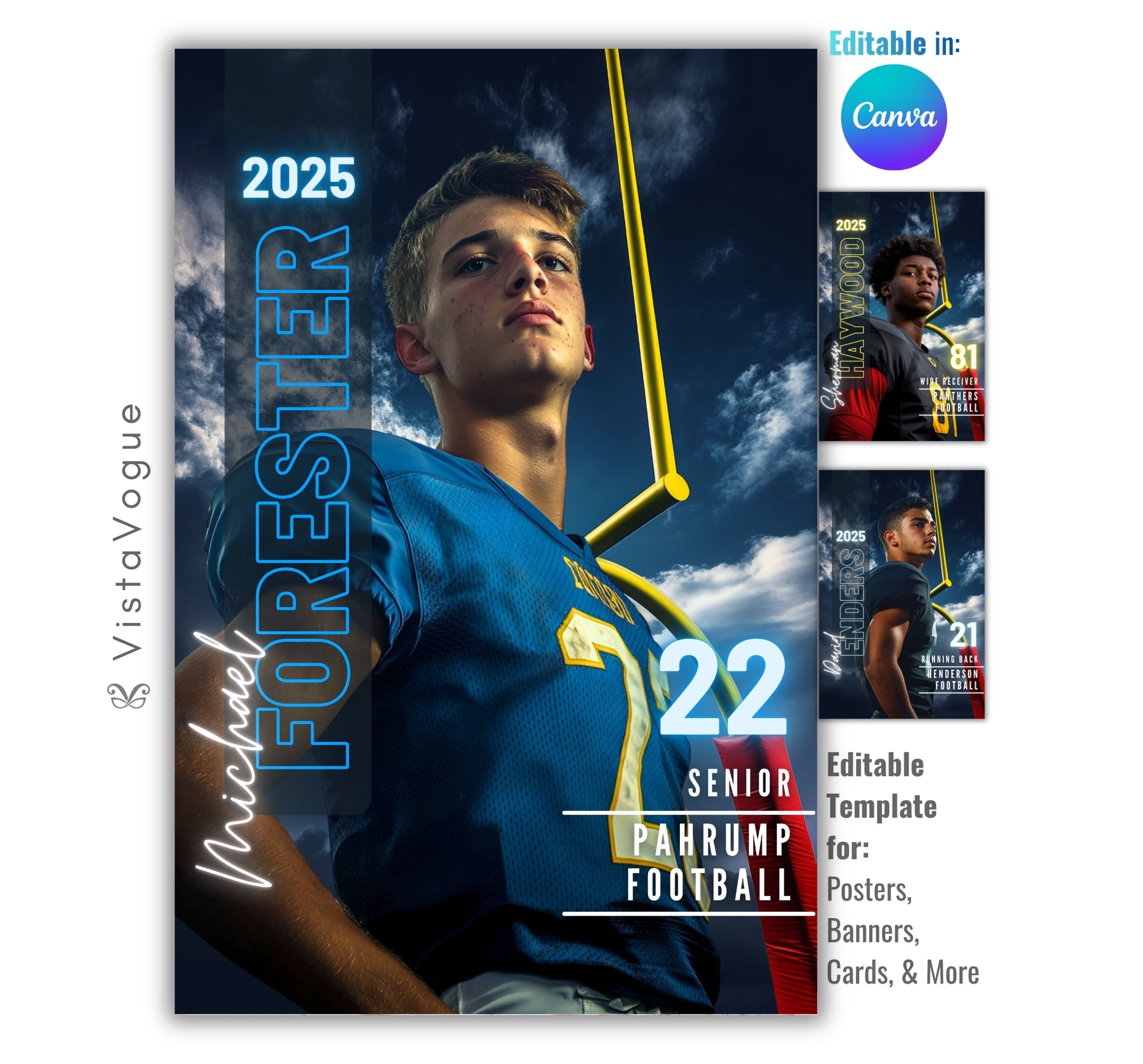 Football senior banner template editable in Canva with dramatic stadium goalpost background, cinematic lighting, and customizable sports poster design for senior night graphics
