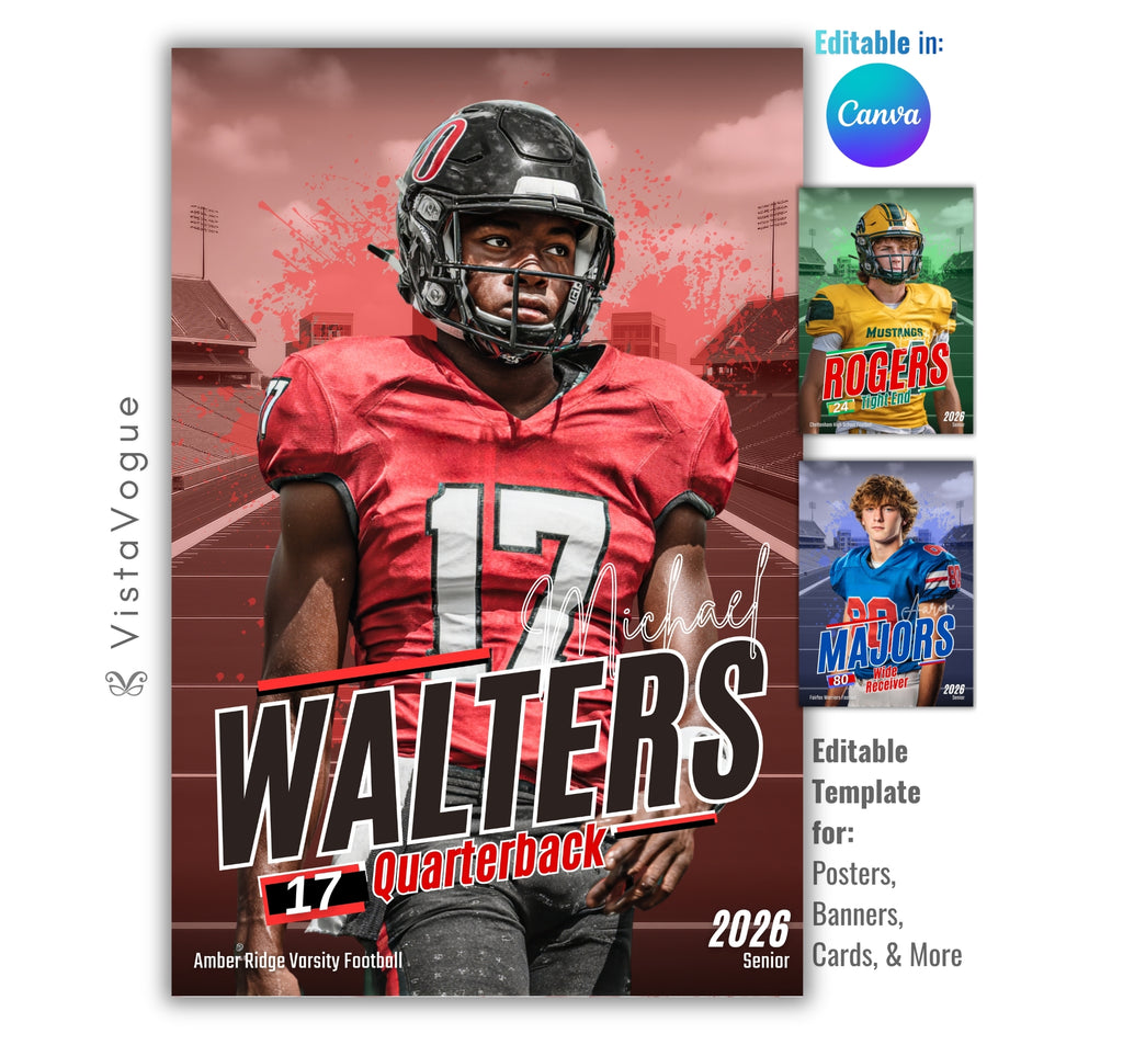 Football poster template editable in Canva with faded stadium backdrop and paint splatter overlay behind the athlete