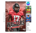 Football poster template editable in Canva with faded stadium backdrop and paint splatter overlay behind the athlete