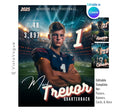 Football trading card and poster template editable in Canva with glowing stadium spotlight backdrop and player stats display alongside the athlete