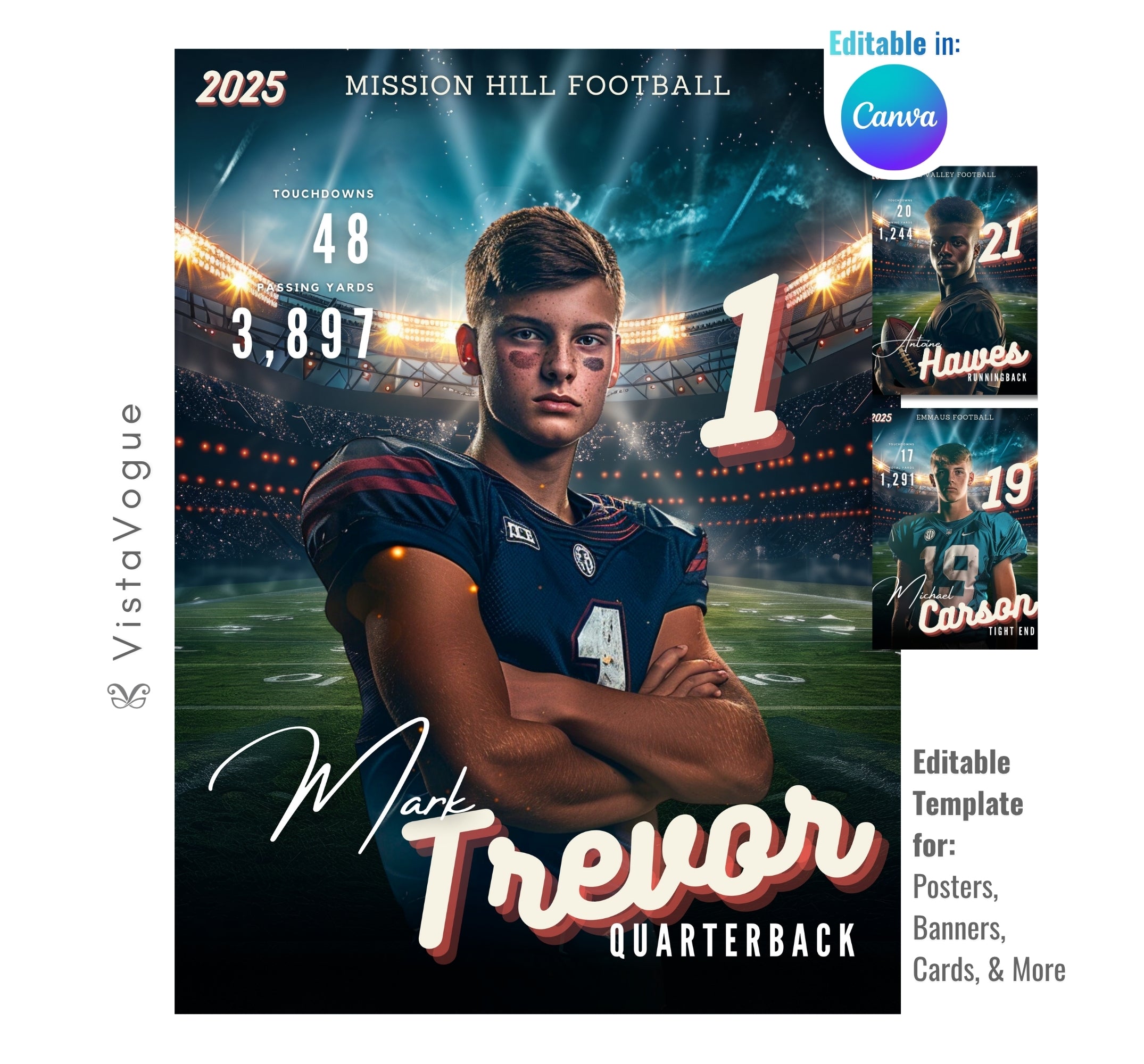 Football trading card and poster template editable in Canva with glowing stadium spotlight backdrop and player stats display alongside the athlete