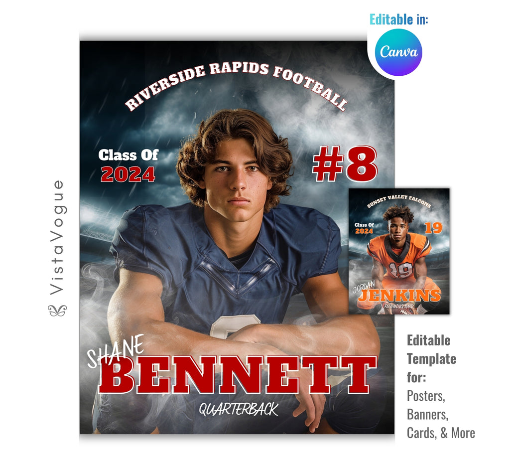 Football trading card and poster template editable in Canva with dramatic stormy smoke and stadium backdrop framing a close-up athlete portrait