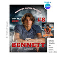 Football trading card and poster template editable in Canva with dramatic stormy smoke and stadium backdrop framing a close-up athlete portrait