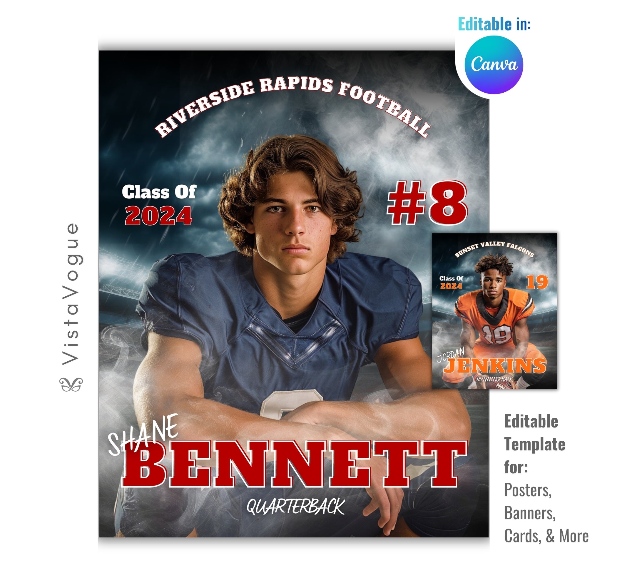 Football trading card and poster template editable in Canva with dramatic stormy smoke and stadium backdrop framing a close-up athlete portrait