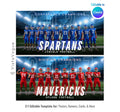 Football team banner template editable in Canva with glowing stadium lights backdrop and full team lineup design