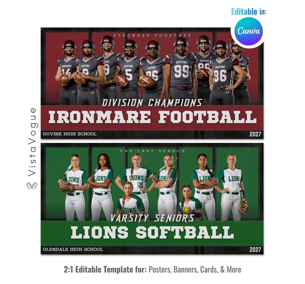 Football and softball team banner template editable in Canva with individually spotlit player lineup and bold oversized team name typography below