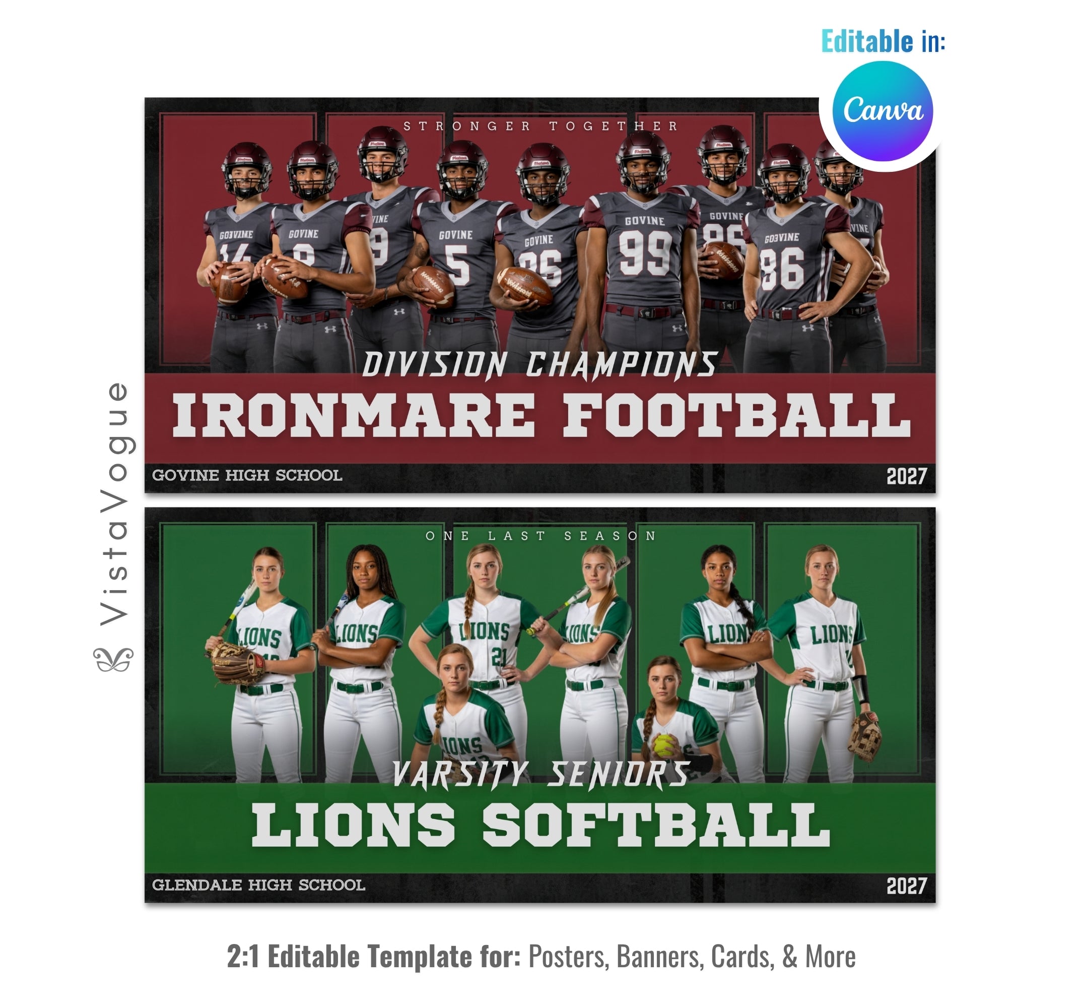 Football and softball team banner template editable in Canva with individually spotlit player lineup and bold oversized team name typography below
