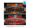 Football team banner template editable in Canva with stormy dark field backdrop behind a full team lineup and bold grunge motivational typography overlay