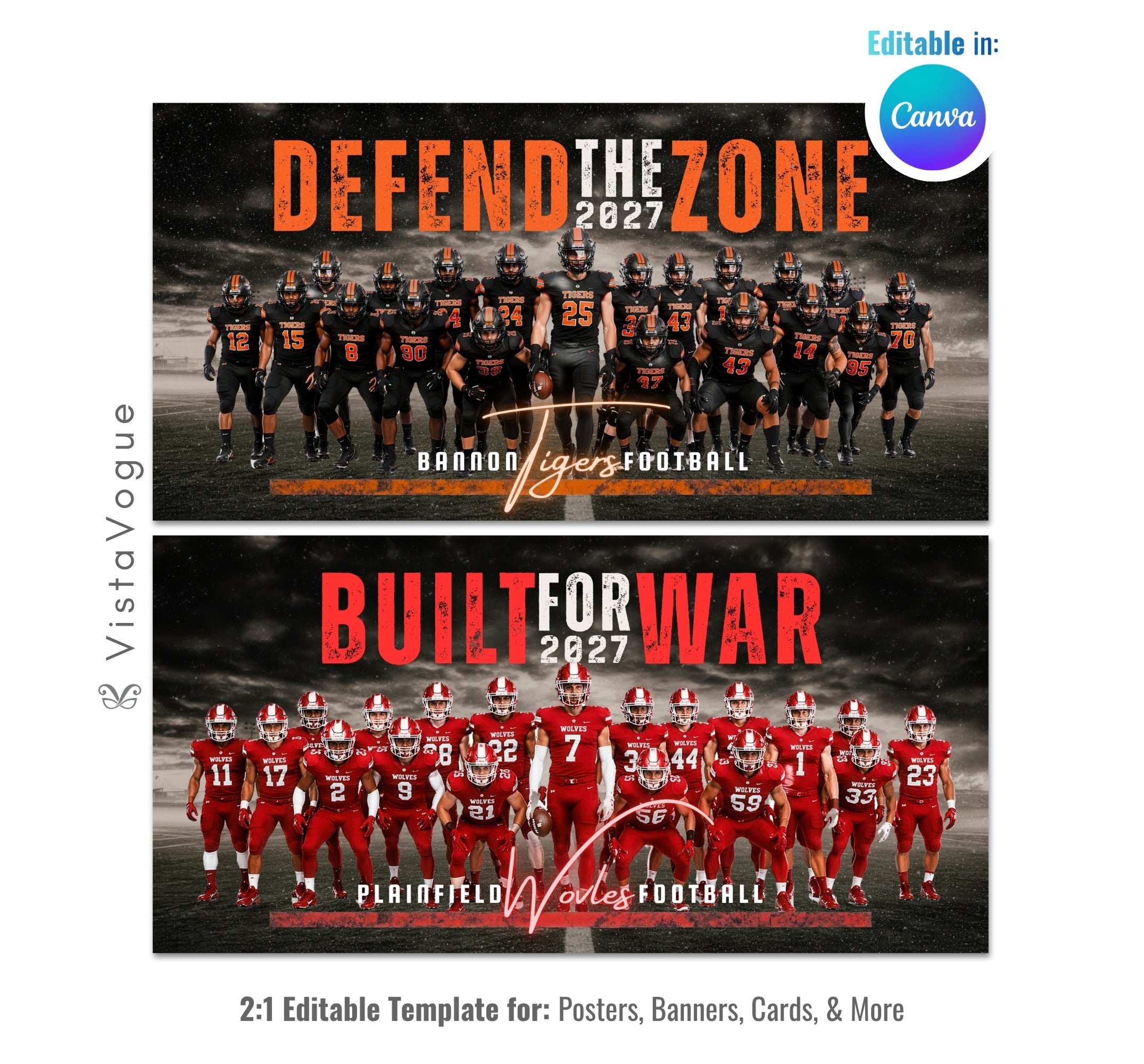 Football team banner template editable in Canva with stormy dark field backdrop behind a full team lineup and bold grunge motivational typography overlay