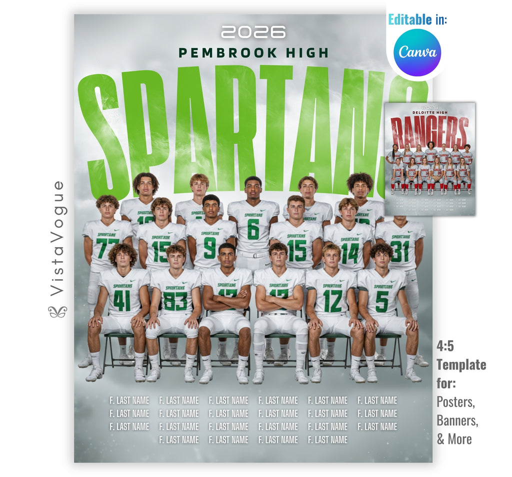 Football team banner and team poster template editable in Canva with oversized team name typography behind a full group team photo and player name roster below