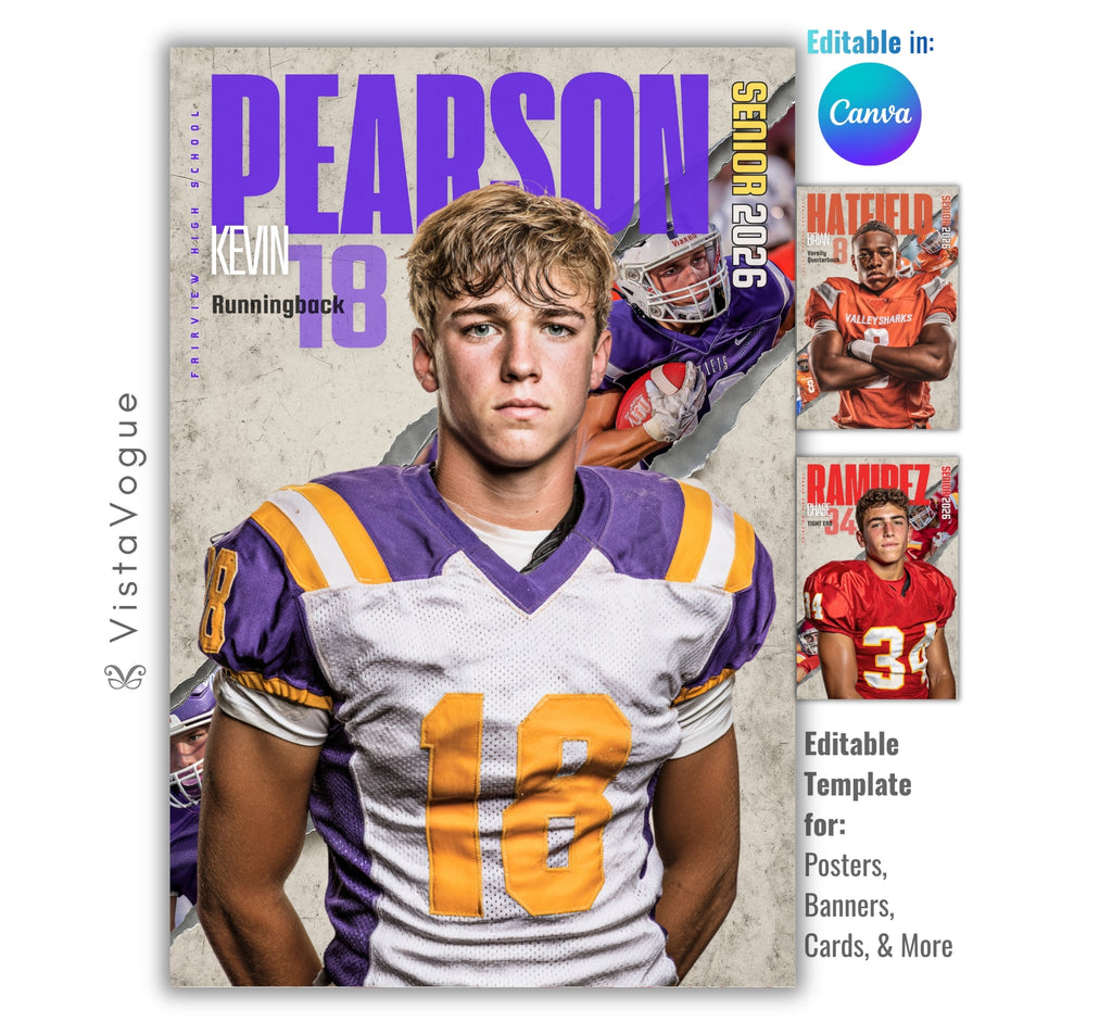 Football sports card and poster template editable in Canva with torn paper edge reveal and action play backdrop layered behind the athlete