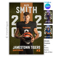Football poster template editable in Canva with turf field backdrop and oversized split graduation year flanking the athlete on both sides