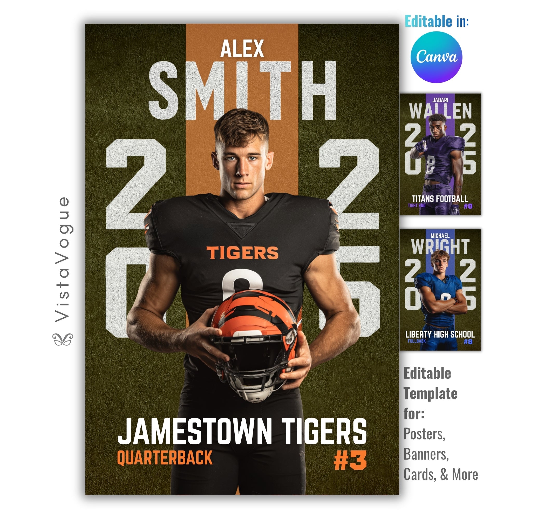 Football poster template editable in Canva with turf field backdrop and oversized split graduation year flanking the athlete on both sides