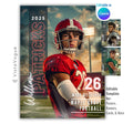 Football senior night poster and player banner template editable in Canva with vertical surname typography and dramatic sunset stadium sky backdrop behind the close-up helmeted athlete portrait