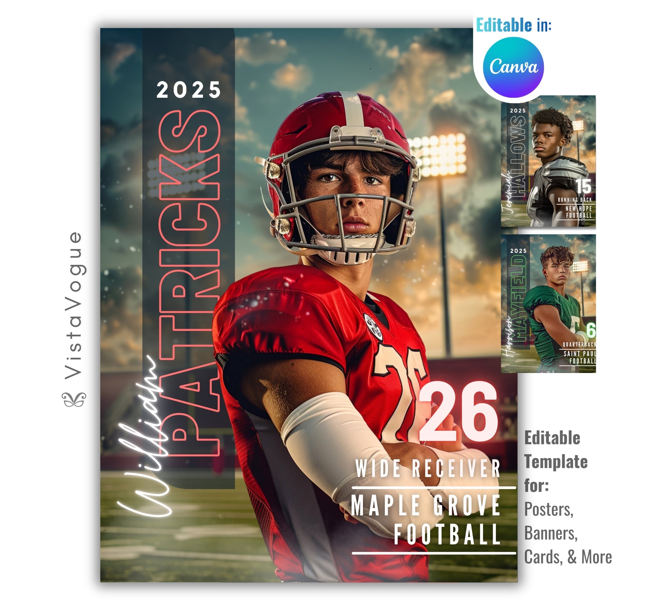 Football senior night poster and player banner template editable in Canva with vertical surname typography and dramatic sunset stadium sky backdrop behind the close-up helmeted athlete portrait