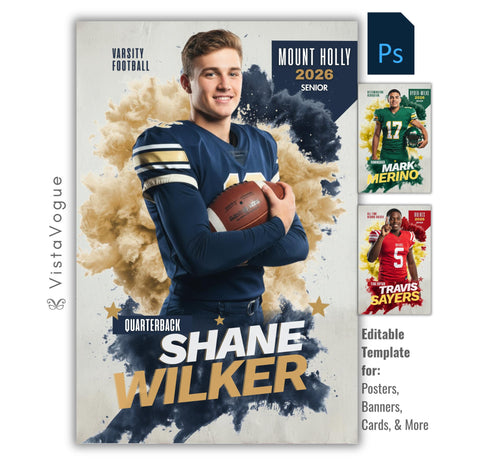 Football senior night poster template for Photoshop with color smoke cloud background, athlete banner layout, and customizable player poster design for team graphics