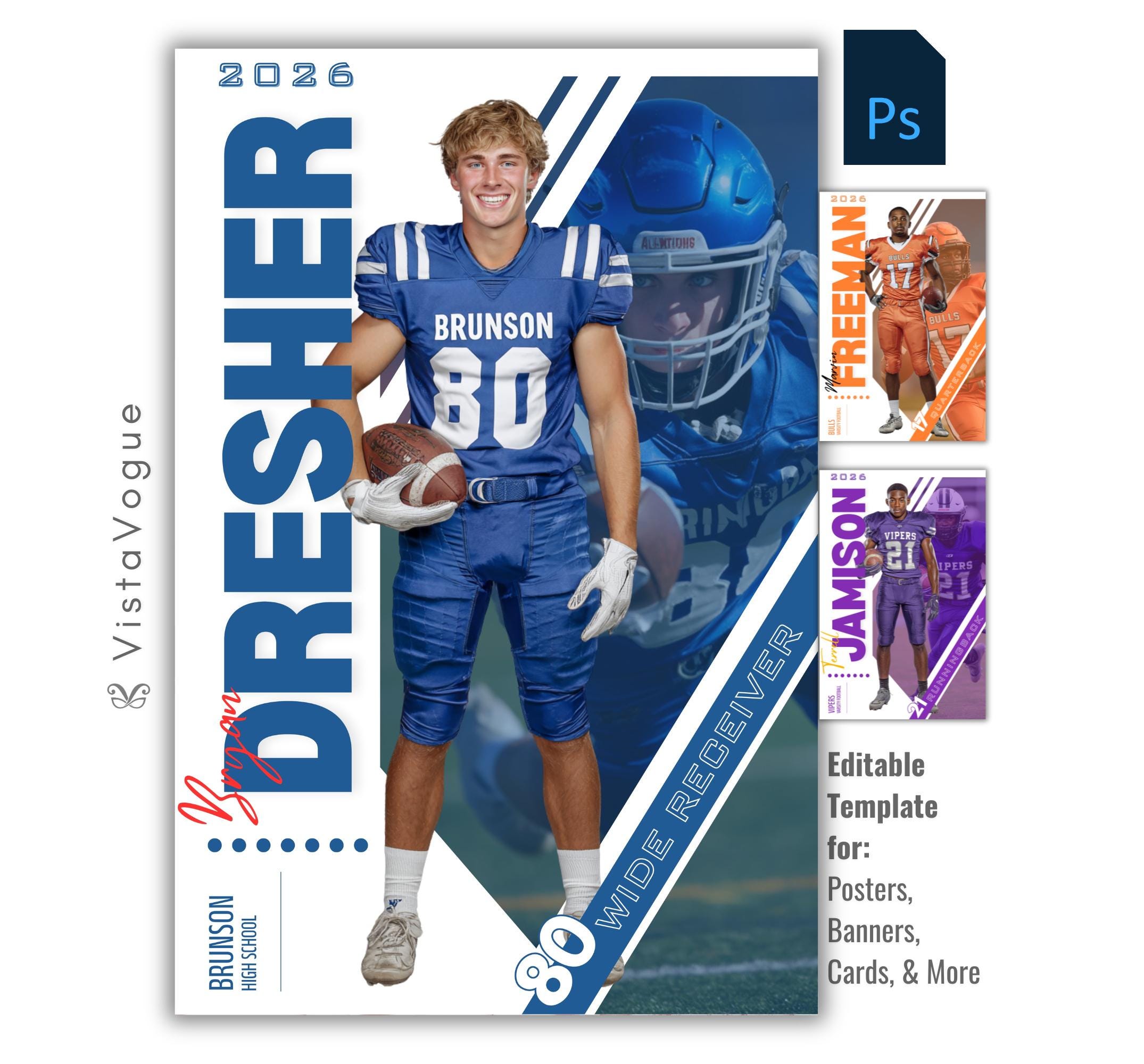 Football trading card and poster template editable in Photoshop with dual athlete photo layout and bold diagonal geometric overlay design