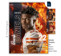 Football senior night banner and player card template editable in Photoshop with fire flames and oversized football texture backdrop with bold vertical surname typography alongside the athlete