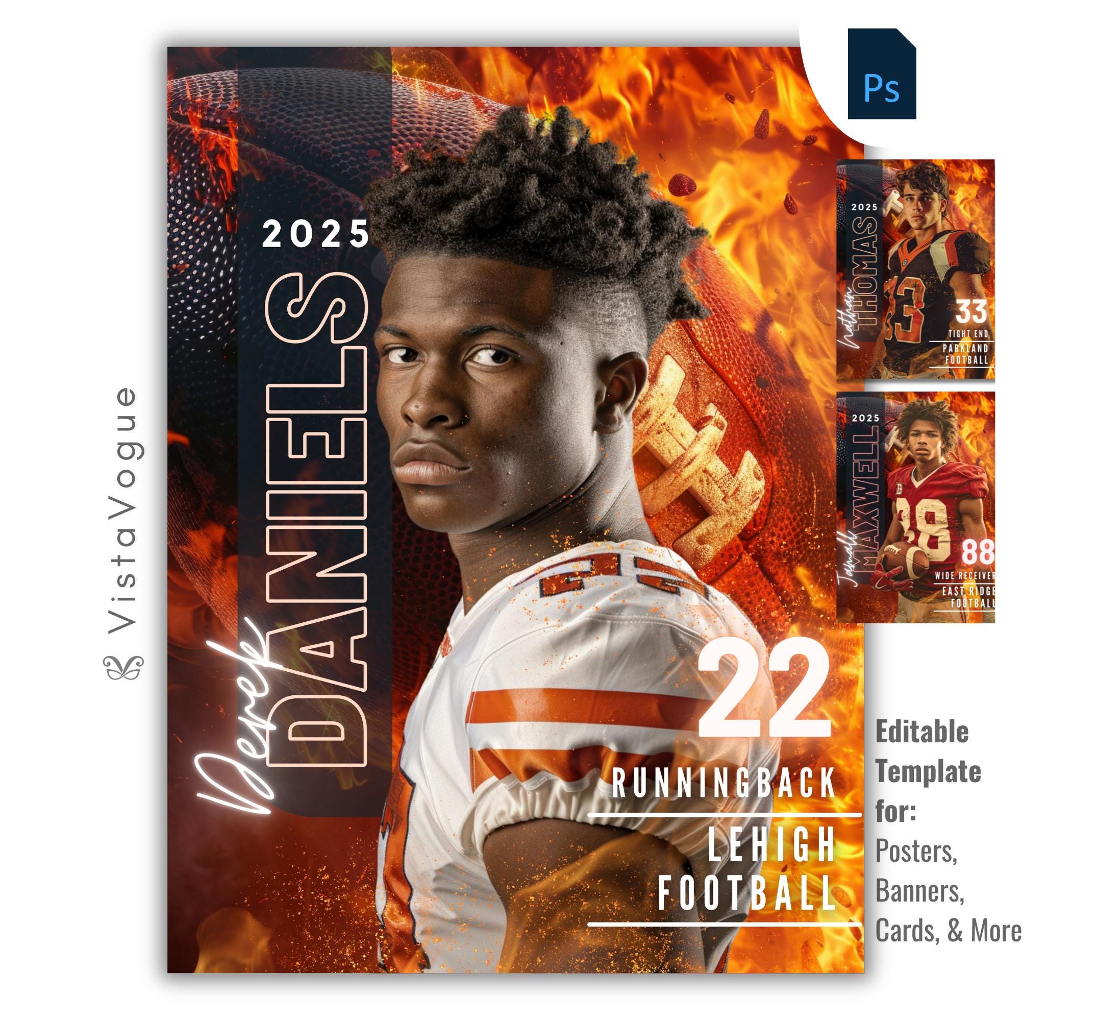 Football senior night banner and player card template editable in Photoshop with fire flames and oversized football texture backdrop with bold vertical surname typography alongside the athlete