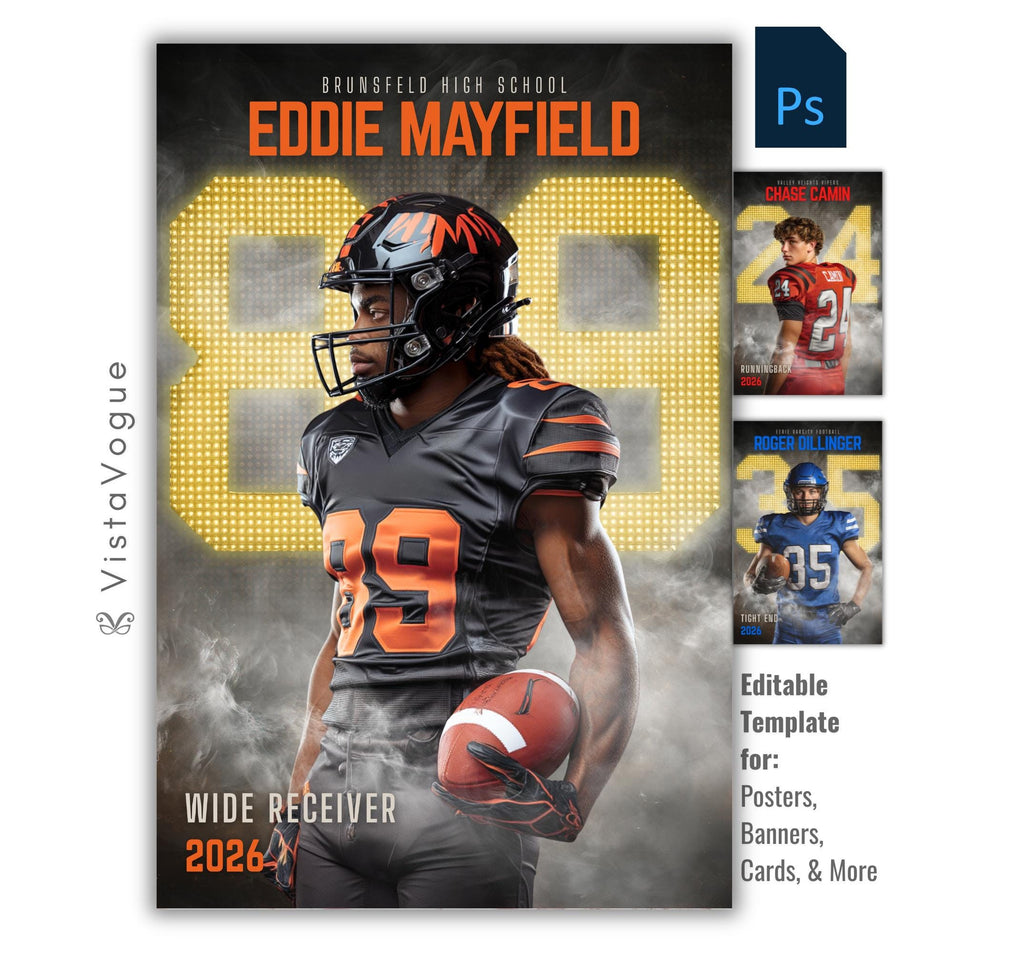 Football senior night poster and player banner template editable in Photoshop with oversized glowing dotted scoreboard-style number and smoky dark backdrop behind the full-body helmeted athlete