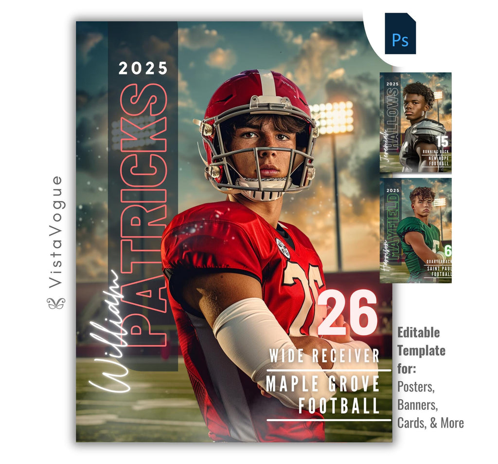 Football poster template editable in Photoshop with glowing stadium lights and cloudy sky backdrop with bold vertical surname typography alongside the athlete