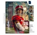 Football poster template editable in Photoshop with glowing stadium lights and cloudy sky backdrop with bold vertical surname typography alongside the athlete