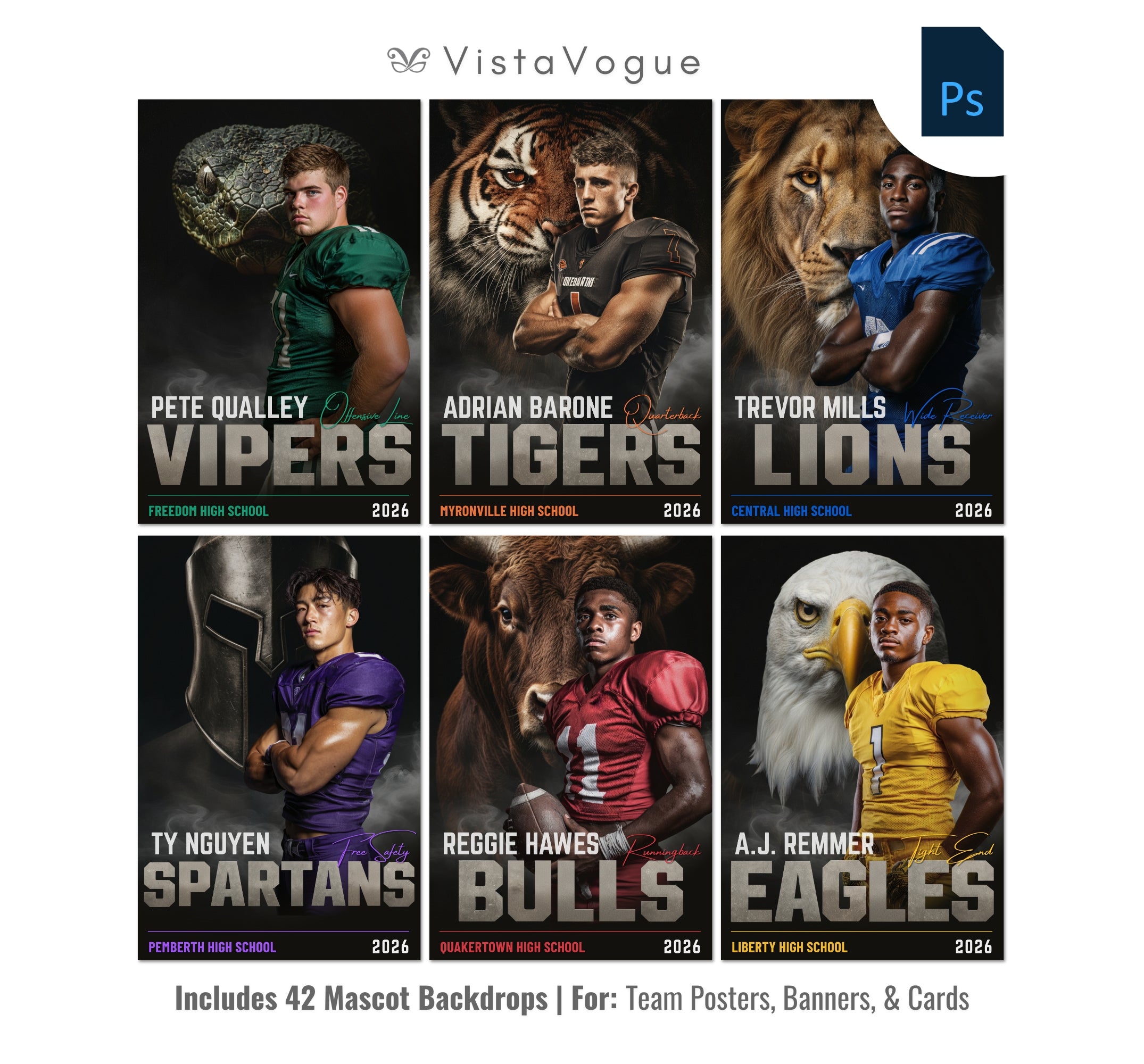 Football sports card and poster template editable in Photoshop with realistic mascot animal backdrop layered behind the athlete and bold team name typography