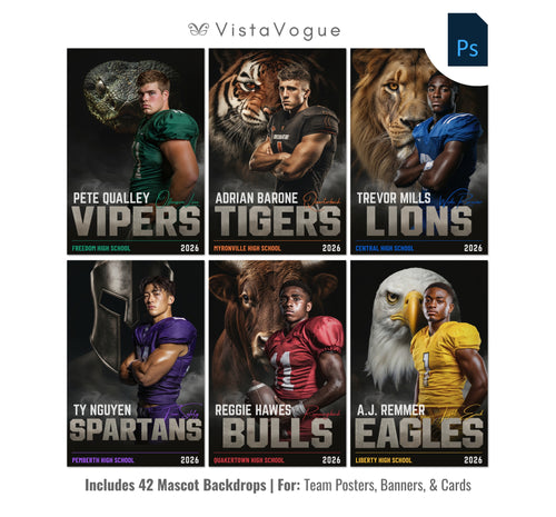 Football sports card and poster template editable in Photoshop with realistic mascot animal backdrop layered behind the athlete and bold team name typography