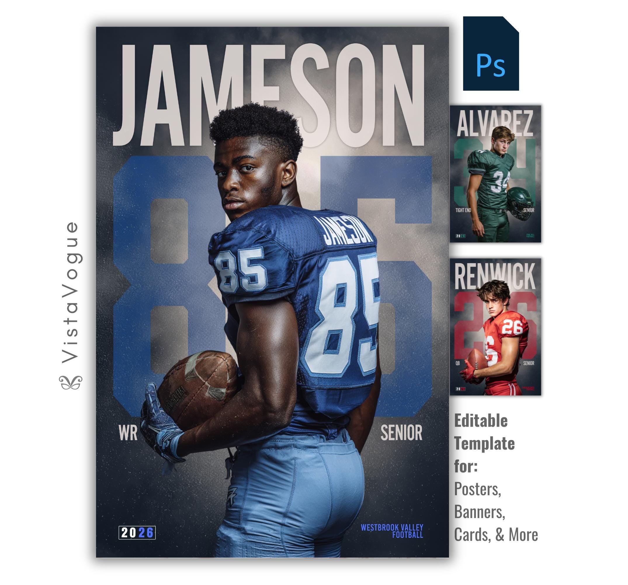 Football senior night banner and locker poster template editable in Photoshop with oversized faded jersey number on a cool icy grey backdrop behind an over-the-shoulder athlete pose