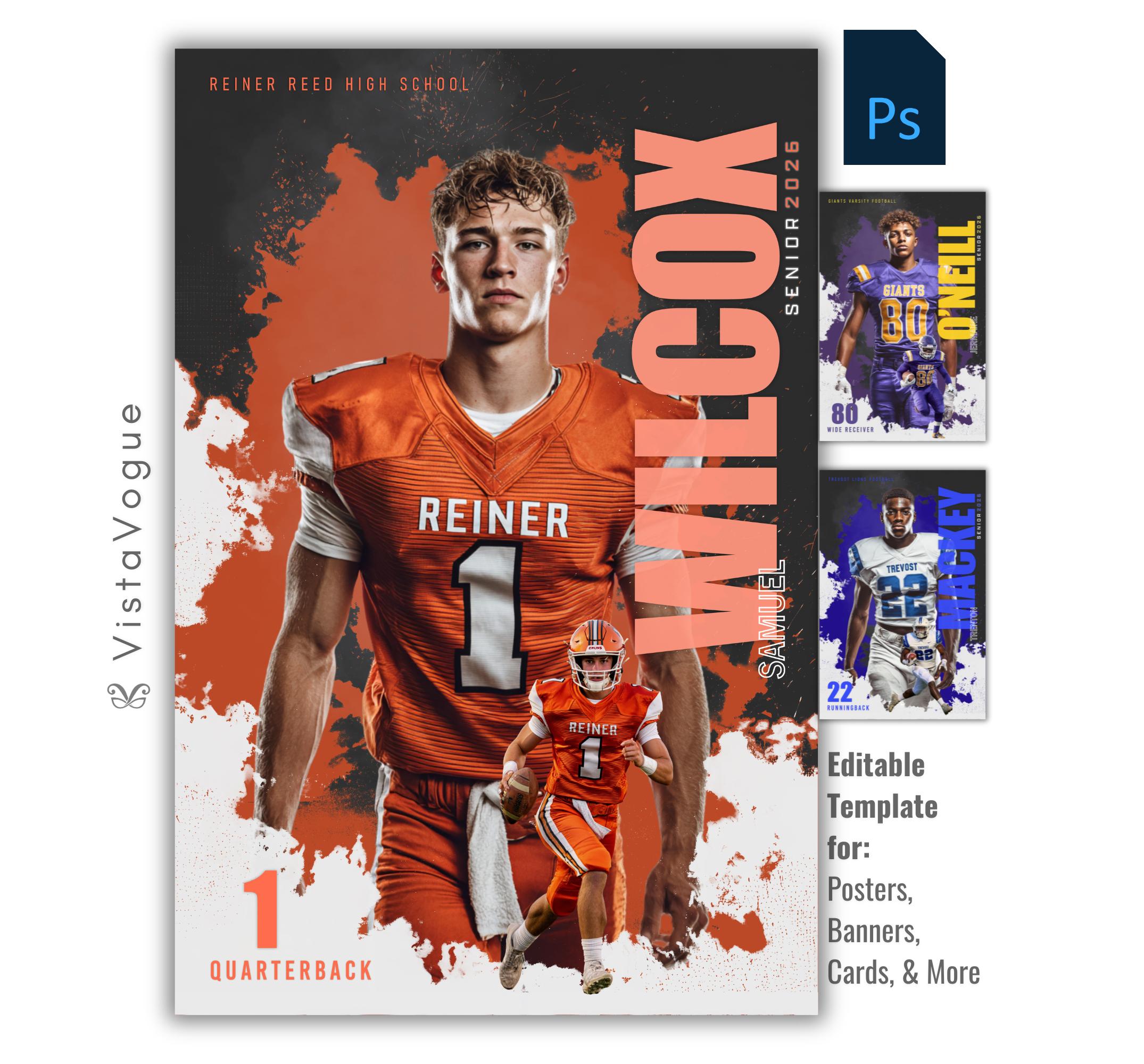 Football senior night banner template for Photoshop with paint burst background, layered athlete cutouts, and customizable player poster design for sports graphics