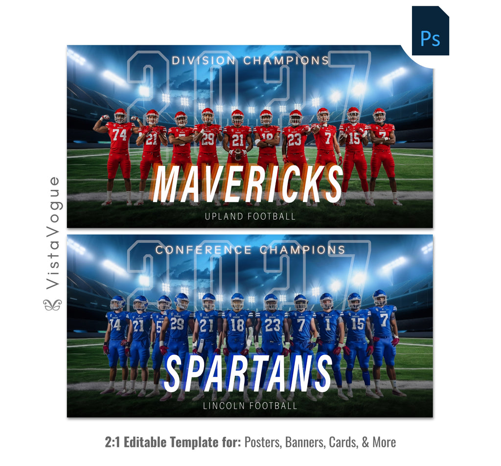 Football team banner template editable in Photoshop with glowing stadium lights backdrop and full team lineup design