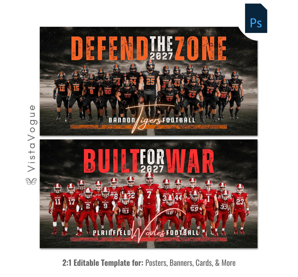 Football team banner template editable in Photoshop with stormy dark field backdrop behind a full team lineup and bold grunge motivational typography overlay