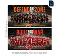 Football team banner template editable in Photoshop with stormy dark field backdrop behind a full team lineup and bold grunge motivational typography overlay