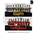 Football and volleyball team banner template editable in Photoshop with torn paper edge reveal effect and grunge dark backdrop behind a full team lineup and oversized team name typography