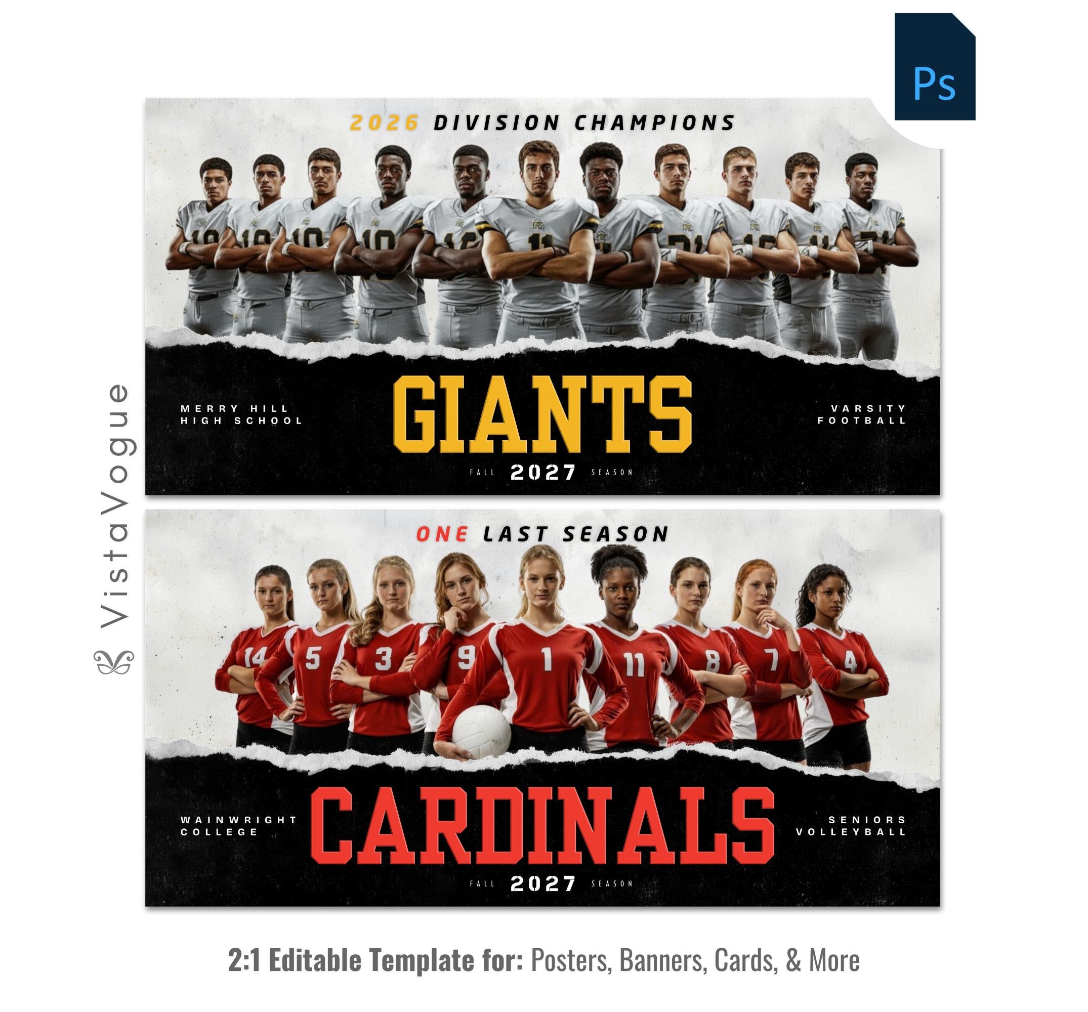 Football and volleyball team banner template editable in Photoshop with torn paper edge reveal effect and grunge dark backdrop behind a full team lineup and oversized team name typography