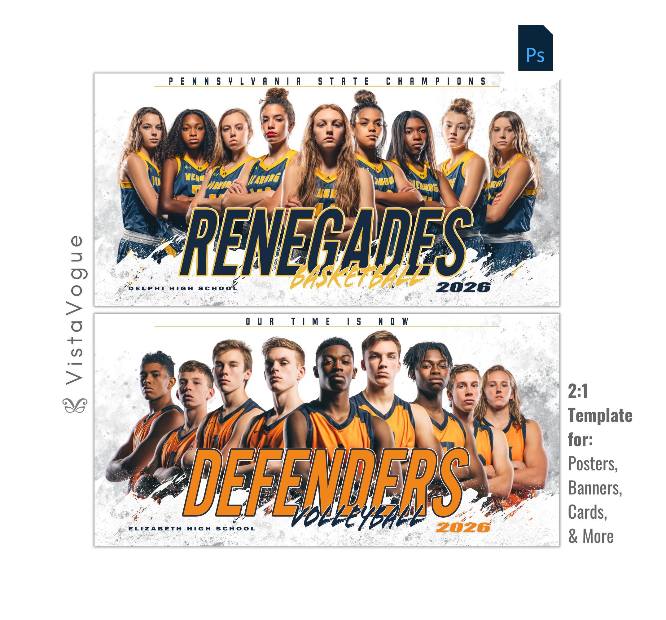 Universal sports team banner template for Photoshop with bold oversized team text, grunge white backdrop, and customizable senior night team poster layout