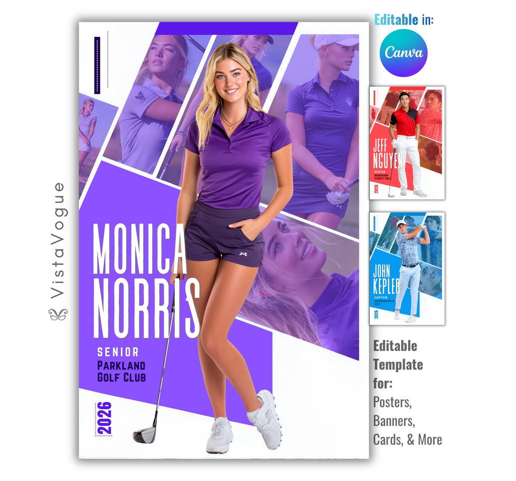 Golf trading card and poster template editable in Canva with multi-photo action collage arranged in bold diagonal purple panel layout around the athlete