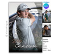 Golf senior night poster and player banner template editable in Canva with oversized close-up golf ball backdrop and soft neutral tones behind the full-body athlete mid-swing