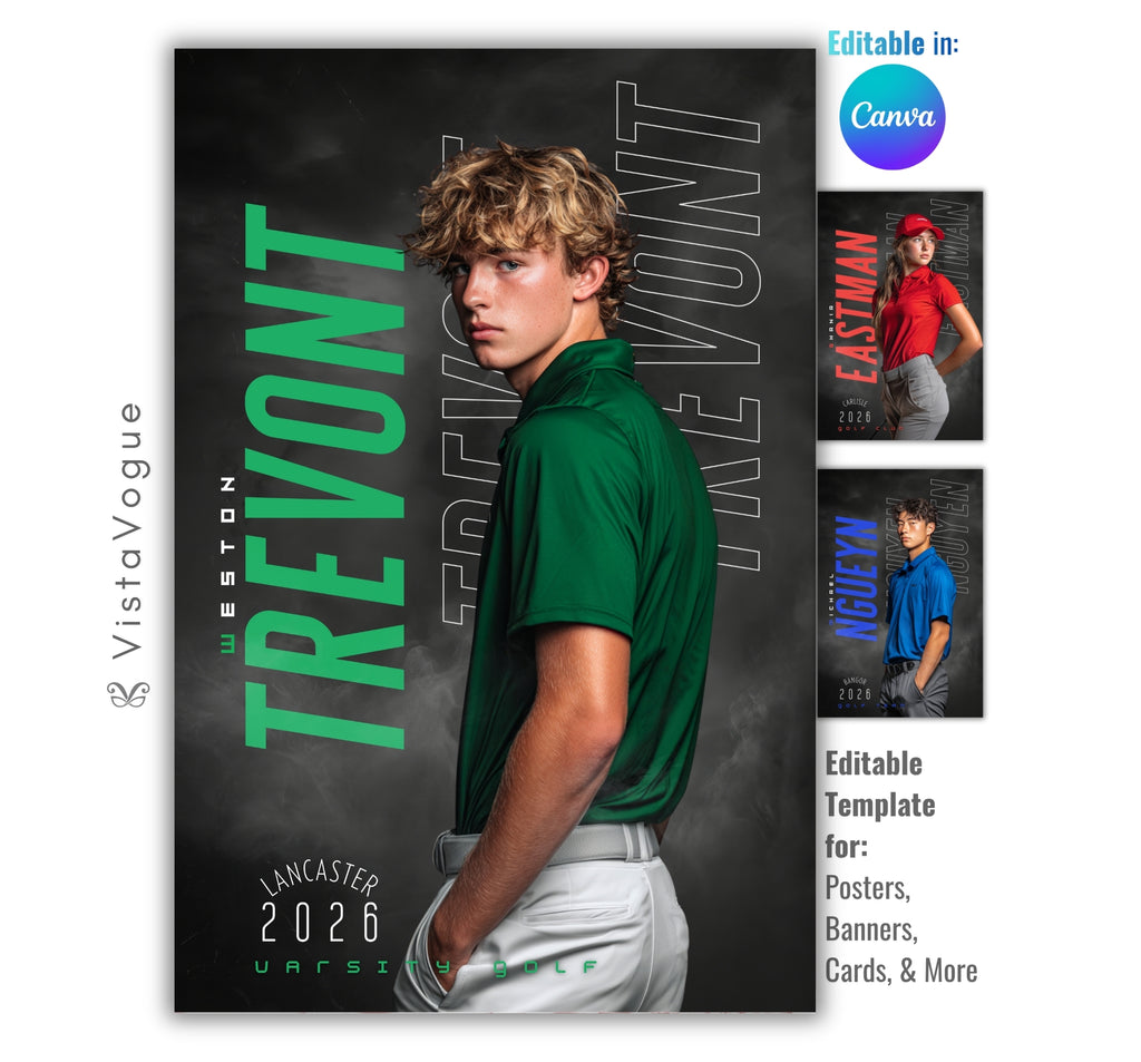 Golf senior night poster and player banner template editable in Canva with smoky dark backdrop and bold repeating surname typography layered behind the athlete