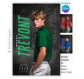 Golf senior night poster and player banner template editable in Canva with smoky dark backdrop and bold repeating surname typography layered behind the athlete
