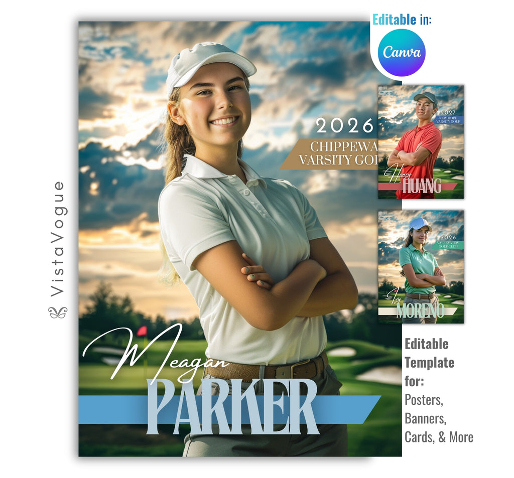 Golf senior banner template editable in Canva with scenic golf course background, soft sunset lighting, and athlete poster layout for senior night and memory mates