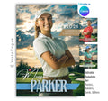 Golf senior banner template editable in Canva with scenic golf course background, soft sunset lighting, and athlete poster layout for senior night and memory mates