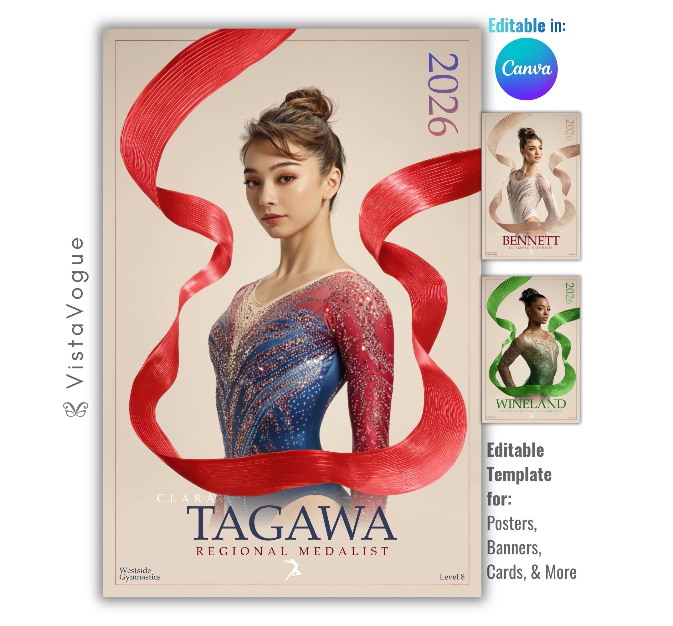 Gymnastics senior night poster and memory mate template editable in Canva with flowing ribbon graphic elegantly wrapping around the athlete on a soft neutral backdrop
